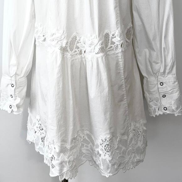 Free People Constance Mini Dress Embroidery Button-Up Long Sleeve Cotton White M - Picture 9 of 14